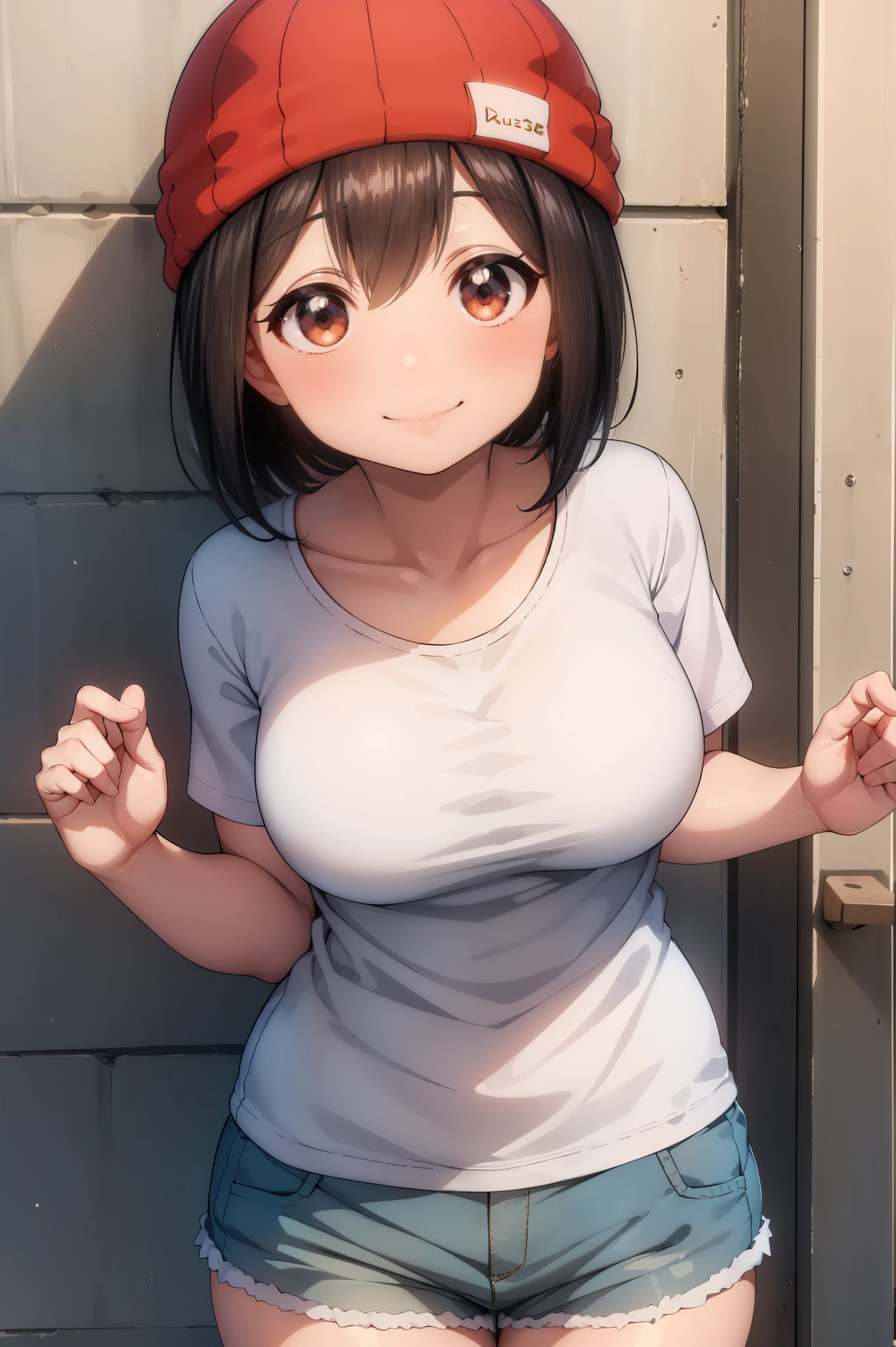 Best Quality, masutepiece, 1girl in, (Solo:1.1), 光线追踪, ultra-detailliert,Detailed face, 8K Wallpaper,  wide hips, Smile, Fuuko Izumo NDV, 1girl in, Black hair, Brown eyes, Large breasts, Short hair, Red Beanie, White T-shirt, shortpants, plein air,