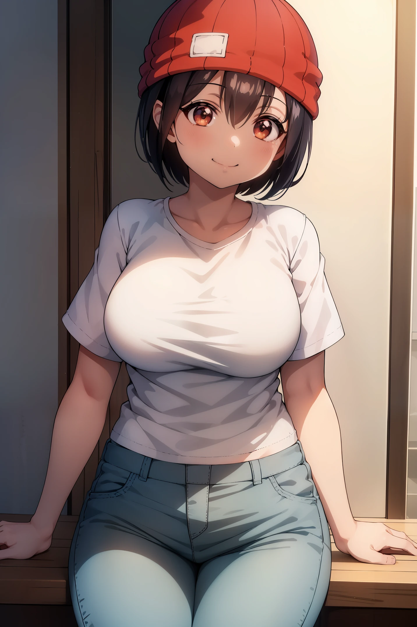 Waraza、Best Quality, masutepiece, 1girl in, (Solo:1.1), 光线追踪, ultra-detailliert,Detailed face, 8K Wallpaper,  wide hips, Smile, Fuuko Izumo NDV, 1girl in, Black hair, Brown eyes, Large breasts, Short hair, Red Beanie, White T-shirt, shortpants, plein air,