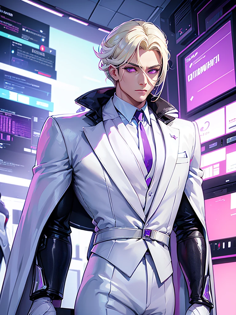 ((Best Quality)), ((Masterpiece)), (Detail: 1.4), Intricate details, Cinematic lighting, Sharp focus, Detailed face, Cyberpunk man with blonde hair, Cybernetic purple eyes, Glowing eyes, (White elegant business outfit:1.5), Tall man, Futuristic control room,