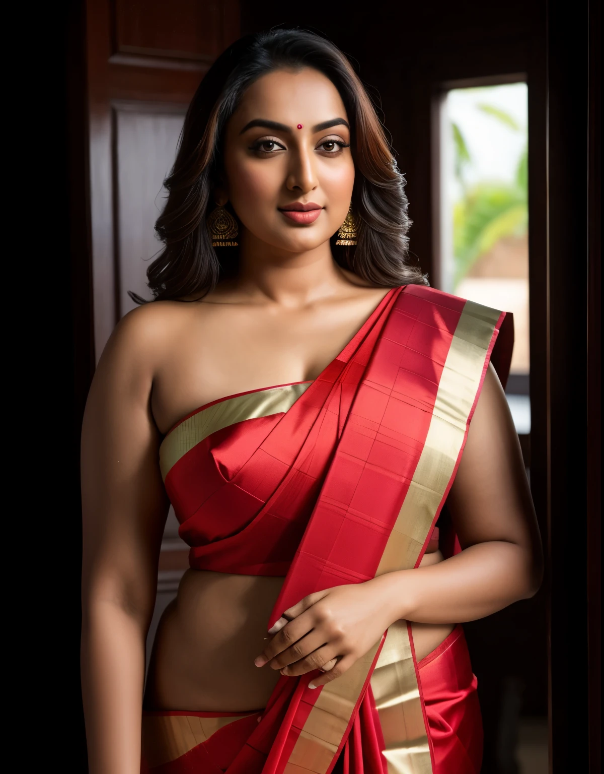 Foto RAW, photorealistic, photography, full body shot, master shot, perfect eyes, goddess like beauty, perfect thick chubby mallu Desi aunty bhabhi, Wearing a Stanapatta, a chest-band.Saree model, model Photography, Indian saree shoot, Indian traditional wear advertising photography, traditional wear brand shoot, face of Indian actress Sonakshi Sinha, masterpiece, realistic, realism, incredible details,  pleasure, photorealism, detailed skin, skin pores, high contrast, photorealistic Artstation 8k HD digital art trend of high definition and detailed realistic skin texture, ultra detail, realistic skin texture, armature, best quality, ultra high definition, (photorealistic:1.4),, high resolution, detail, raw photo, Re sharp, by Lee Jefferies Nikon D850 Film Stock Photo 4 Kodak Portra 400 Camera F1.6 Lens Rich Color Ultra Real Realistic Realistic Textures Dramatic Lighting Unreal Engine Trending at Art Station Cinestill 800,(pele altamente detalhada: 1.2), 8k UHD, DSLR, soft-lighting, alta qualidade, grain of film, Fujifilm XT3,she didn't like to wear blouse or bra, she  happy to wear only saree, she hates blouse or bra, detailed hairy armpits,