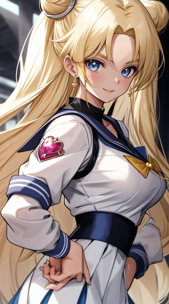 Kizi, nur:
Stil: Anime (Sailor Moon)
Quality: Graceful
Quality: Compassionate hair: lang, flowing hair in a vibrant shade of blonde, with two cute buns on top of the eye color: large, funkelndes blaues Augen-Outfit: Wears the iconic Sailor Moon uniform, consisting of a white jersey with a blue sailor collar, ein blauer Faltenrock, und eine largee rote Schleife auf ihrer Brust. Accessoires: Adorned with a tiara on her forehead, passende blaue Ohrringe, and white ones, ellenbogenlange Handschuhe Pose: Aufrecht stehend, one hand on the hip, while the other holds a wand, that emits a gentle sound, funkelnder Glanzausdruck: Her gaze is gentle and compassionate, mit einem Licht, serene smile on her lips