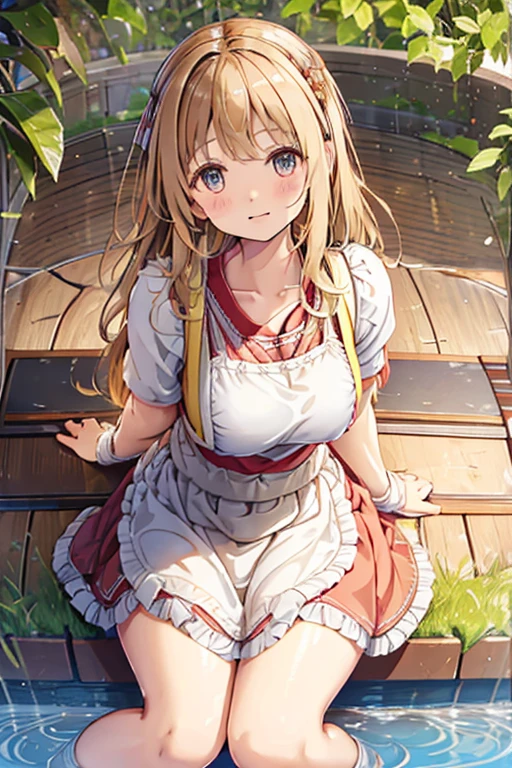 A -yeld giwith wavy blonde hair wearing a cute apron dress is sitting on the floor with her legs spread and her legs raised, showing her panties in a gym session..legs spread wide。The chest of the apron dress is exposed and the skirt is rolled up。The chest is visible and it is viewed from below.。