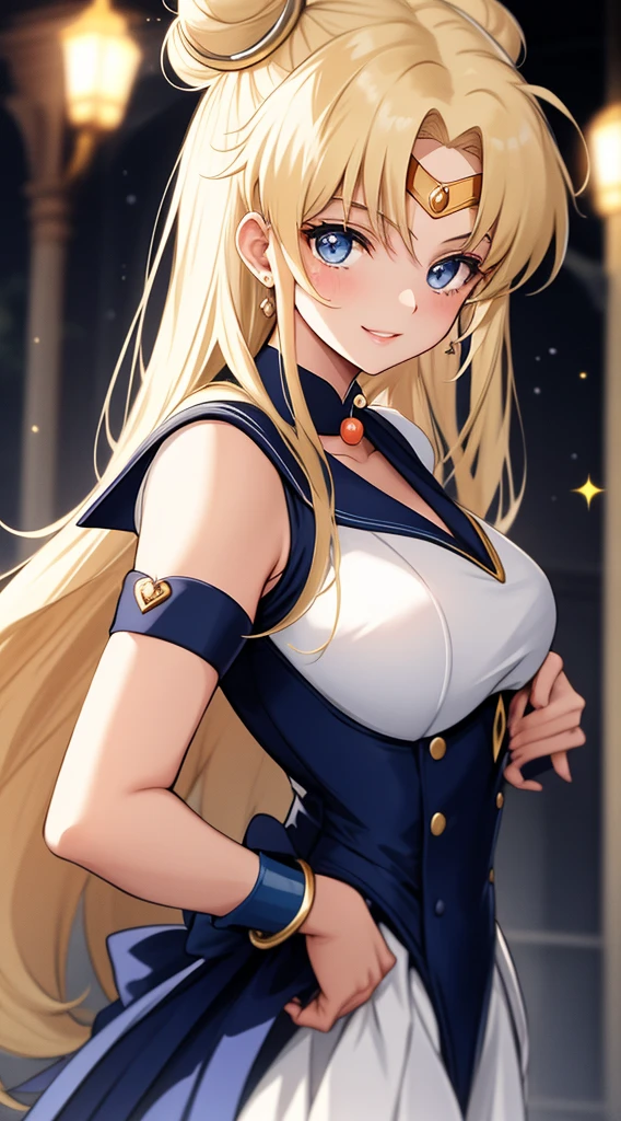 Kizi, nur:
Stil: Anime (Sailor Moon)
Quality: Graceful
Quality: Compassionate hair: lang, flowing hair in a vibrant shade of blonde, with two cute buns on top of the eye color: large, funkelndes blaues Augen-Outfit: Wears the iconic Sailor Moon uniform, consisting of a white jersey with a blue sailor collar, ein blauer Faltenrock, und eine largee rote Schleife auf ihrer Brust. Accessoires: Adorned with a tiara on her forehead, passende blaue Ohrringe, and white ones, ellenbogenlange Handschuhe Pose: Aufrecht stehend, one hand on the hip, while the other holds a wand, that emits a gentle sound, funkelnder Glanzausdruck: Her gaze is gentle and compassionate, mit einem Licht, serene smile on her lips