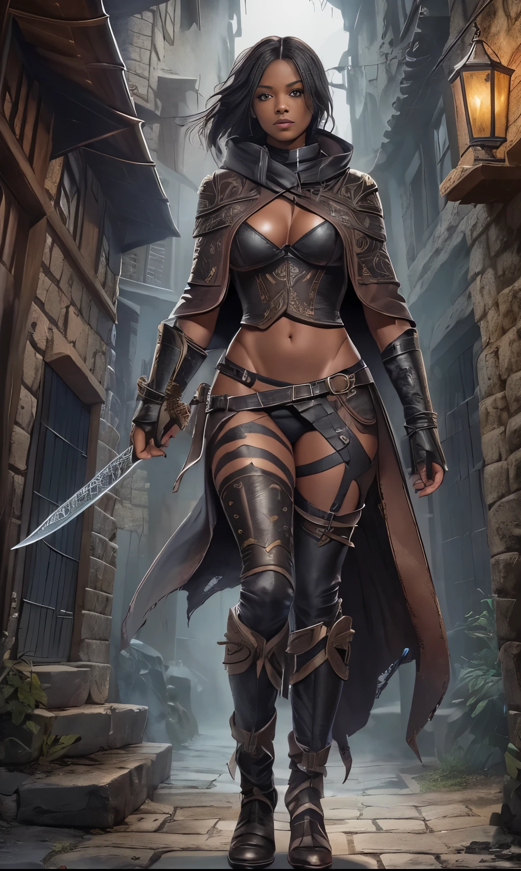 (a detailed female rogue,a black-skinned female rogue,a black skinned female rogue with an intense expression)black female rogue,sneaking through an alley in a medieval town,(((ripped leather armor with a skimpy design))),showing a hint of sensuality,(((black patterned pantyhose))),curly black hair,flowing and vibrant,(((holding a leather whip in one hand as a weapon))),giving her an agile and dangerous aura,medieval-themed alley,with dim and flickering lanterns casting a mysterious and eerie light,ancient architecture towering on both sides of the alley,adding a sense of history and atmosphere