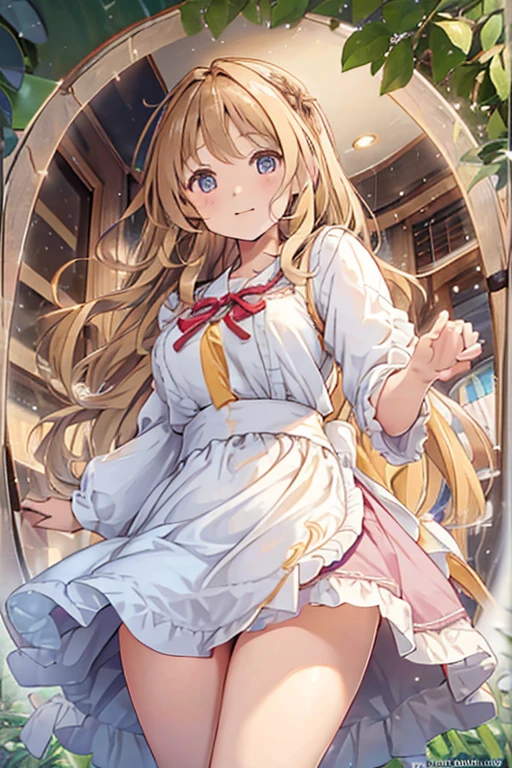 A 12-year-old girl with wavy blonde hair wearing a cute apron dress is standing and looking from below, showing her white panties..legs spread wide。The chest of the apron dress is exposed and the skirt is rolled up。The chest is visible and it is viewed from below.。