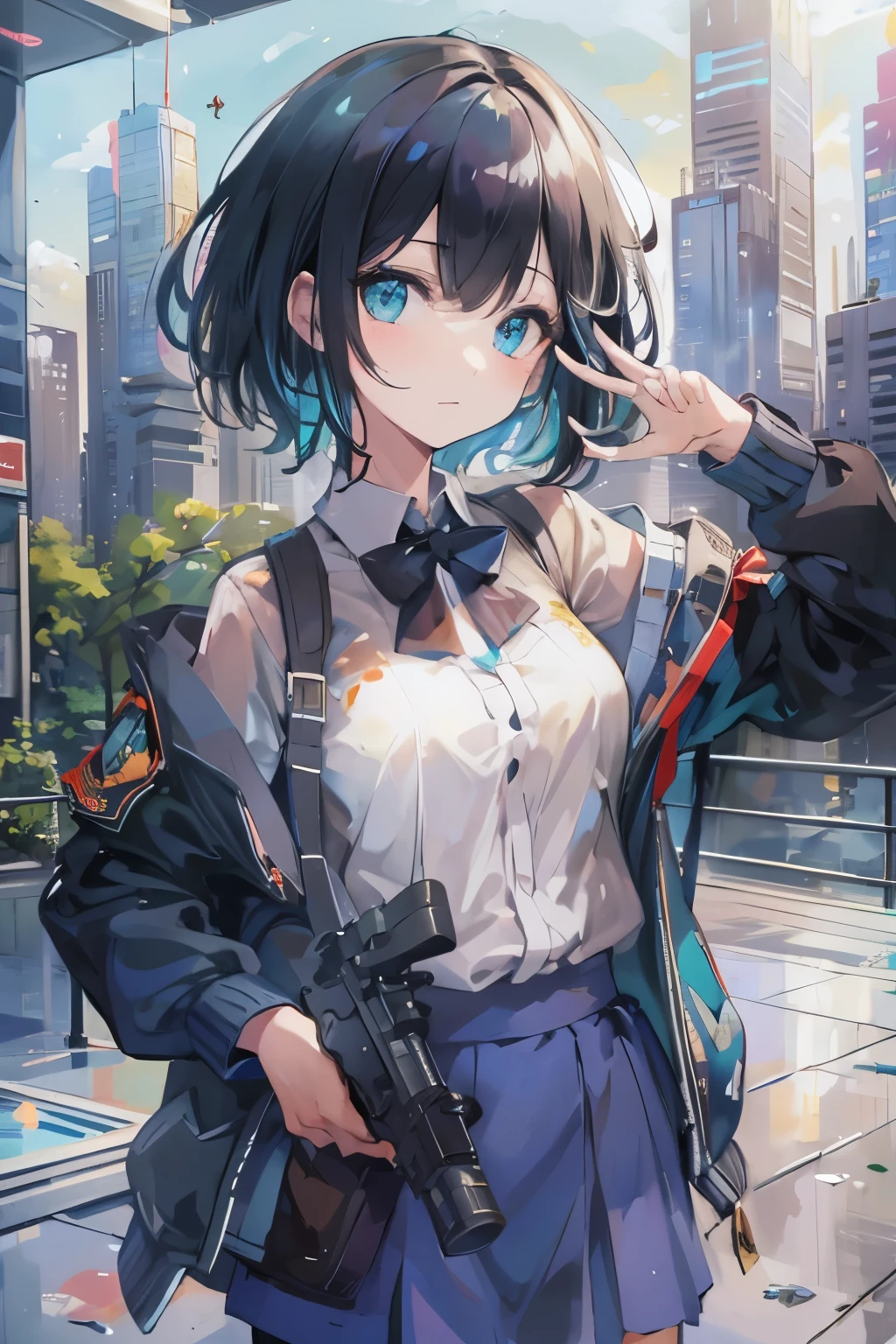 (masutepiece:1.2, Best Quality, Top Quality, Lens Flare, Depth of Field,), (Close Up: 1.3), (Wide Shot, Fisheye: 0.85), Face Focus, [1 girl in, expressioness, (Turquoise eyes:1.3),jet-black hair, Half shorthair,White jacket,Take off your jacket, Blouse with Open Chest, breast, ] , (Holding a Weapon, Holding a pistol, Aiming, Aiming:1.2), gun, firing, city, street, road sign, skyscraper,
