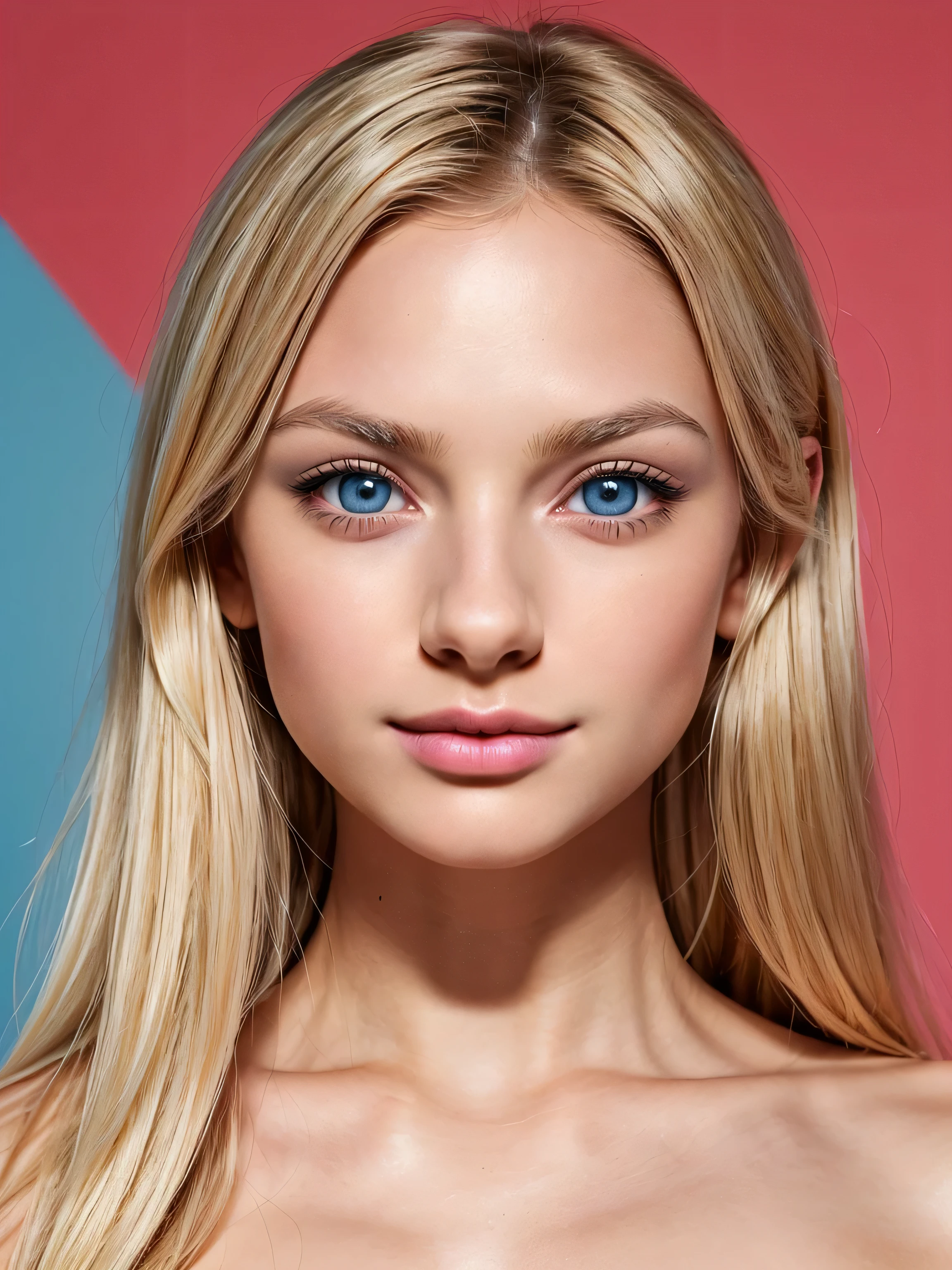 ((Masterpiece)), Most beautiful (young) symmetric woman, dream girl, petite, blonde hair, (small and round eyebrows), rounded face shape, ((flirting upturned blue eyes)), mascara:0.5, (clean tanned:1.5 skin), round cheekbones, (cheek dimples), (small mouth), ((small+beautiful)+red lips), (beautiful and attractive lips), (wistful_smile:1), (((small+thin) ((Beautiful)) (symmetric) nose) with small nose bridge and small round nose-tip), (small beautiful round chin and feminine jaw), ((upper body:1.5)), (looking_at_viewer), (white backdrop)