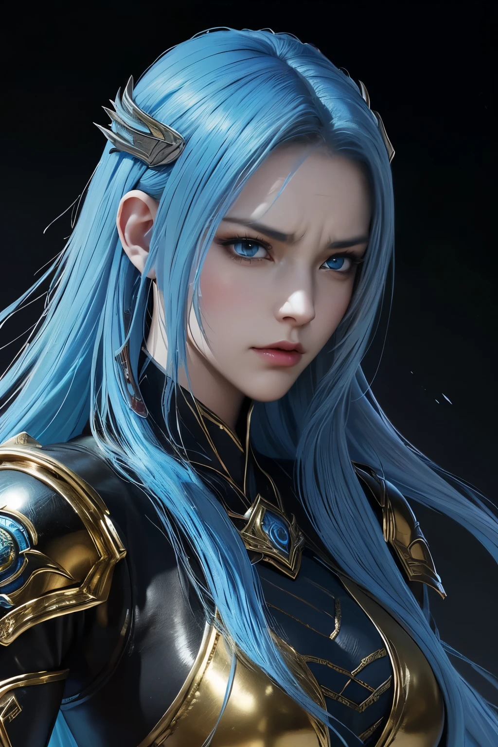 tmasterpiece，Best quality，A high resolution，8K，((Portrait))，(Head close-up)，Original photo，real photo，digital photography，(Female adventurers in medieval fantasy)，(A medieval female fighter of fantasy style)，20岁女孩，((Long Blue Hair))，((The eyes are red，The eye of the devil)， jewelry，Keep your mouth shut，Beautiful Elegant，((Frown, get angry))，haughty，Noble and charming，(Bikini Armor，Bikini combat suit，Joint Armor，Leather Armor，Metallic luster，White and black)，(The Devil's Body)，Helmet，(Female assassin)，Devil，Photo pose，medieval characterantasy style，the night，Ancient city background，oc render reflection texture