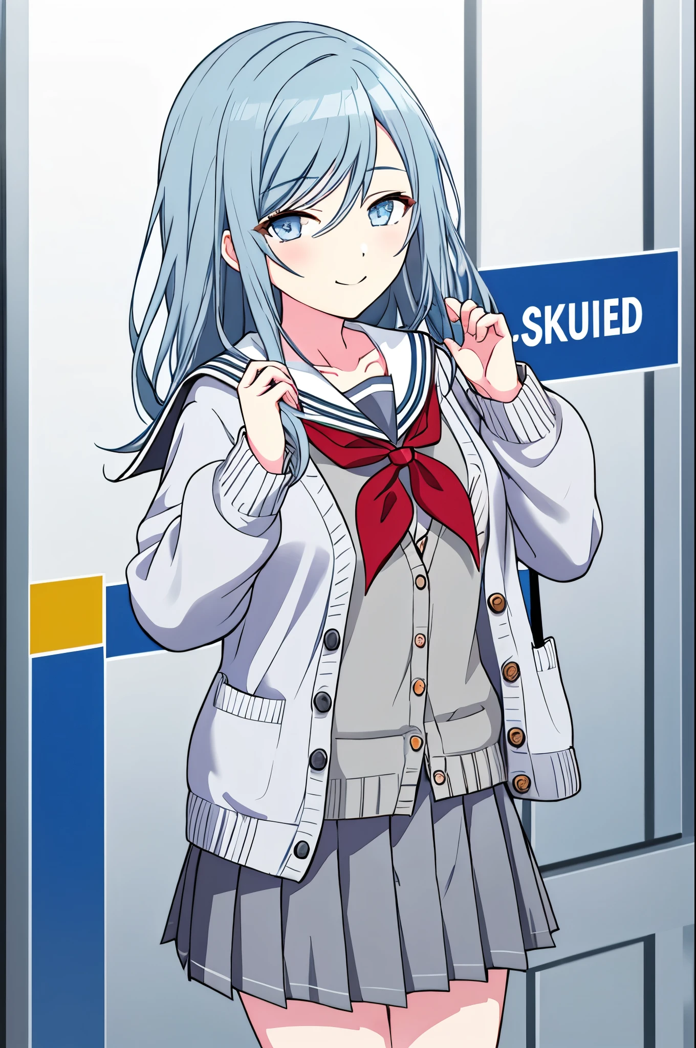 1girl, solo, school uniform,  skirt, cardigan, long hair, neckerchief, pleated skirt, grey skirt, red neckerchief, serafuku, sailor collar, white sailor collar, hands up, looking at viewer, smile, grey cardigan, swept bangs, bangs, long sleeves, blue eyes, open cardigan, grey eyes, blue hair, closed mouth, open clothes, collarbone, grey sailor collar, shirt, cowboy shot, hair between eyes, white cardigan,