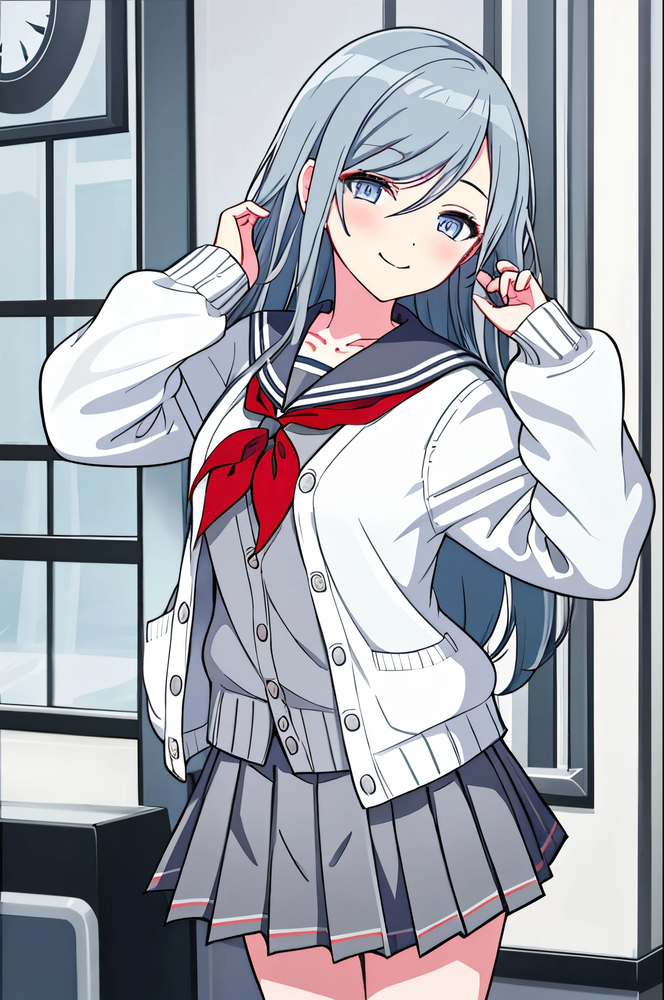 1girl, solo, school uniform,  skirt, cardigan, long hair, neckerchief, pleated skirt, grey skirt, red neckerchief, serafuku, sailor collar, white sailor collar, hands up, looking at viewer, smile, grey cardigan, swept bangs, bangs, long sleeves, blue eyes, open cardigan, grey eyes, blue hair, closed mouth, open clothes, collarbone, grey sailor collar, shirt, cowboy shot, hair between eyes, white cardigan,