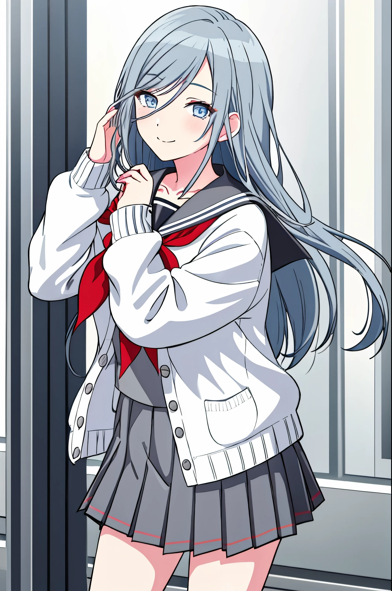 1girl, solo, school uniform,  skirt, cardigan, long hair, neckerchief, pleated skirt, grey skirt, red neckerchief, serafuku, sailor collar, white sailor collar, hands up, looking at viewer, smile, grey cardigan, swept bangs, bangs, long sleeves, blue eyes, open cardigan, grey eyes, blue hair, closed mouth, open clothes, collarbone, grey sailor collar, shirt, cowboy shot, hair between eyes, white cardigan,