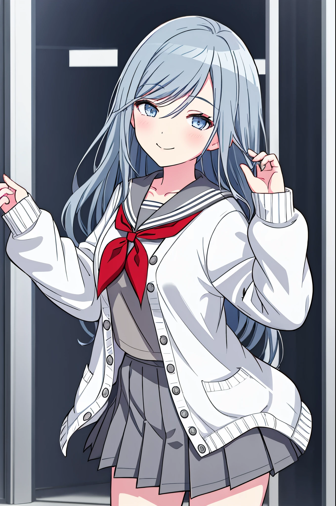 1girl, solo, school uniform,  skirt, cardigan, long hair, neckerchief, pleated skirt, grey skirt, red neckerchief, serafuku, sailor collar, white sailor collar, hands up, looking at viewer, smile, grey cardigan, swept bangs, bangs, long sleeves, blue eyes, open cardigan, grey eyes, blue hair, closed mouth, open clothes, collarbone, grey sailor collar, shirt, cowboy shot, hair between eyes, white cardigan,