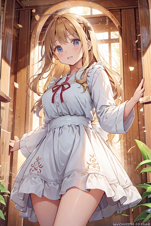 A 12-year-old girl with wavy blonde hair wearing a cute apron dress is standing and looking from below, holding her skirt with both hands and opening it to reveal white panties.。legs spread wide。The chest of the apron dress is exposed and the skirt is rolled up。The chest is visible and it is viewed from below.。pants are white lace。