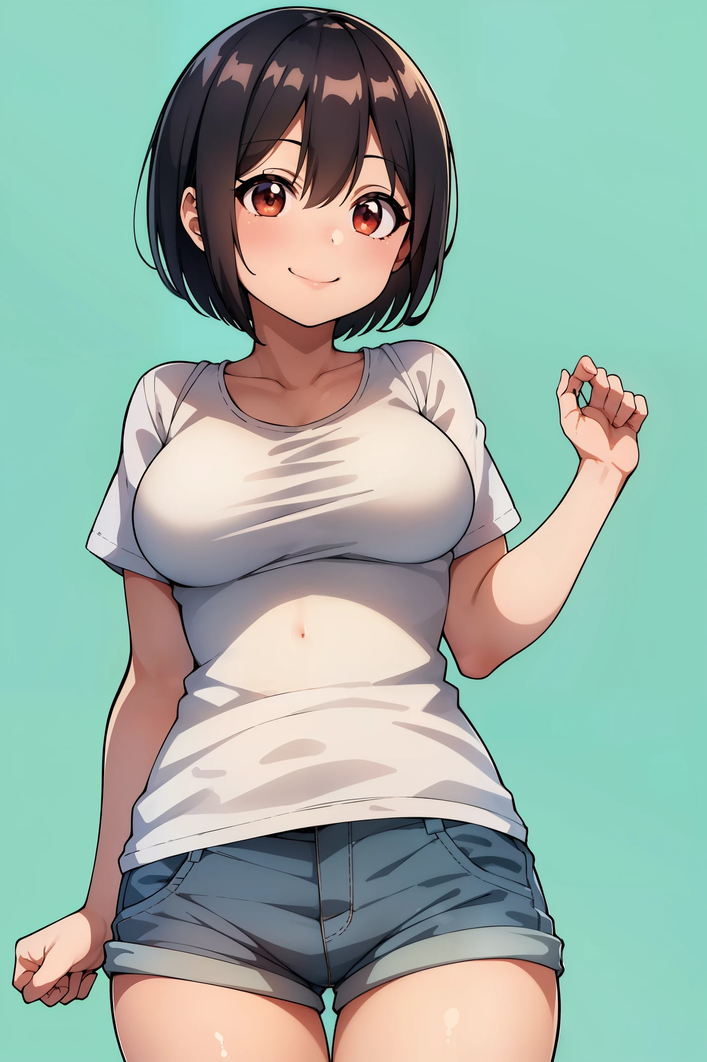 Best Quality, masutepiece, 1girl in, (Solo:1.1), 光线追踪, ultra-detailliert,Detailed face, 8K Wallpaper,  wide hips, Smile, Fuuko Izumo NDV, 1girl in, Black hair, Brown eyes, Large breasts, Short hair, Red Beanie, White T-shirt, shortpants, plein air,ahegao (fucked silly / sexual ecstasy)