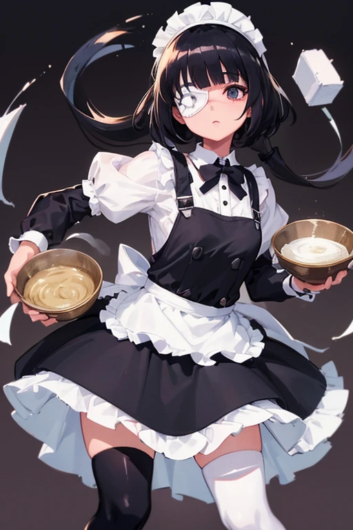 1girl, black eyes, maid costume, long hair, black hair, bowl cut hair, white tights, decoration in the hair, small white bows in the hair, no eye, one eye, eye patch