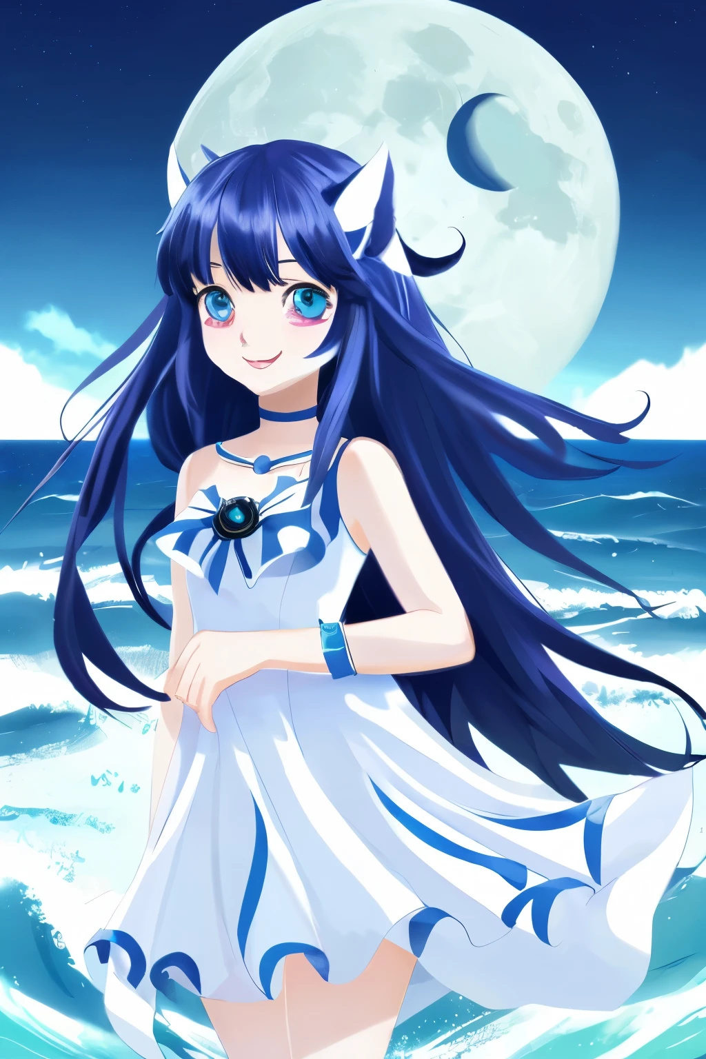 extremely detailed eyes and face perfect anatomy blue girl anime fantasy sea moon full body image large eyes soothing smile