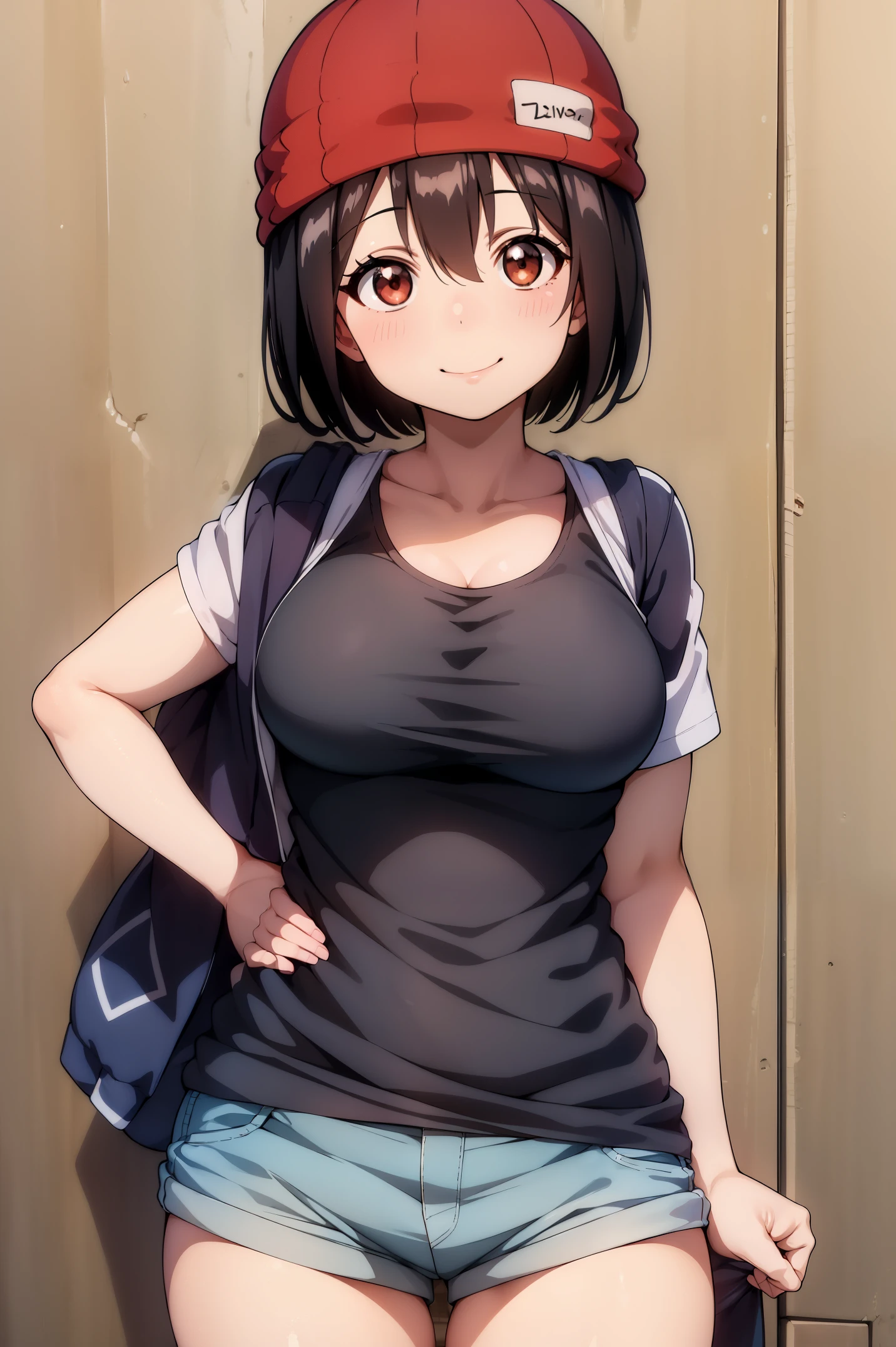 Best Quality, masutepiece, 1girl in, (Solo:1.1), 光线追踪, ultra-detailliert,Detailed face, 8K Wallpaper,  wide hips, Smile, Fuuko Izumo NDV, 1girl in, Black hair, Brown eyes, Large breasts, Short hair, Red Beanie, White T-shirt, shortpants, plein air,ahegao (fucked silly / sexual ecstasy)