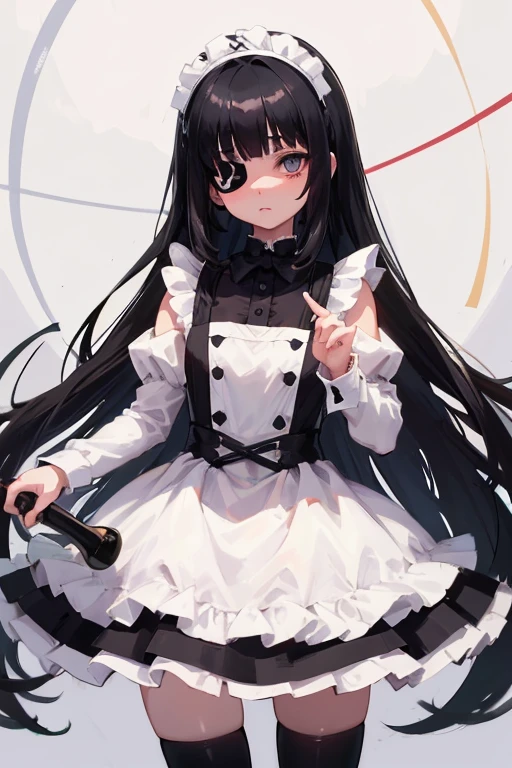 1girl, black eyes, maid costume, long hair, black hair, bowl cut hair, white tights, decoration in the hair, small white bows in the hair, no eye, one eye, eye patch