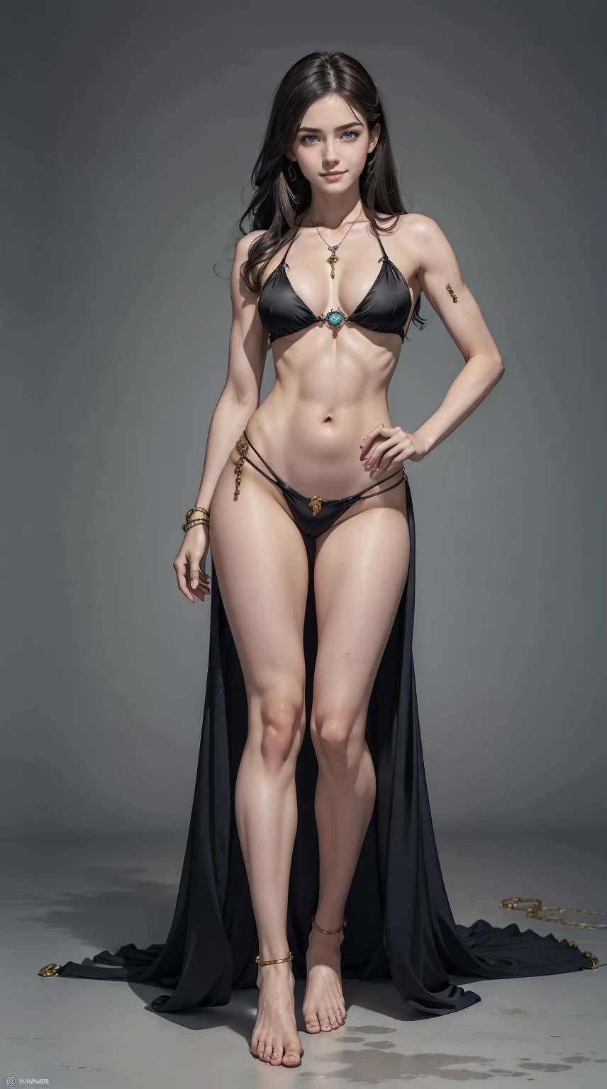 24-year-old Caucasian woman、Hair is brunette、Eye color is blue、Semi-long、Slender but well-proportioned muscular man、My abs are cracked、The belly button is out、a smile、wearing a rosary necklace、accessories on wrist、She&#39;s wearing a transparent belly dance costume.、Being barefoot、wearing gorgeous anklets、studio shoot、art nouveau background