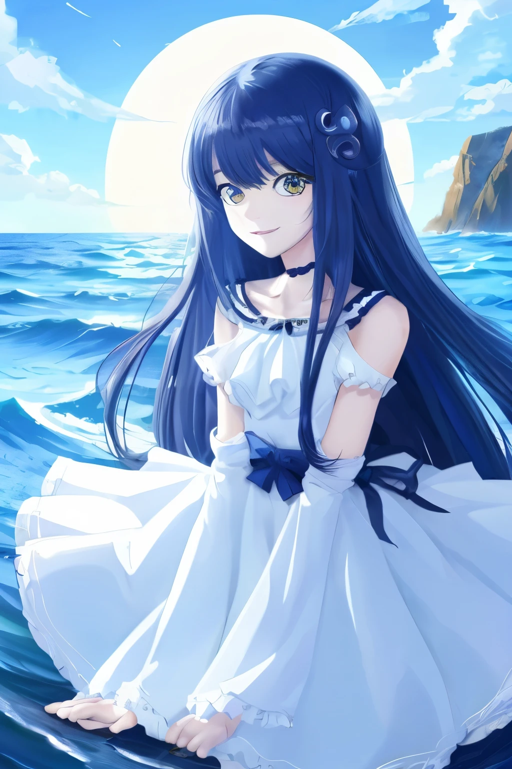 extremely detailed eyes and face perfect anatomy blue girl anime fantasy sea moon full body image large eyes soothing smile