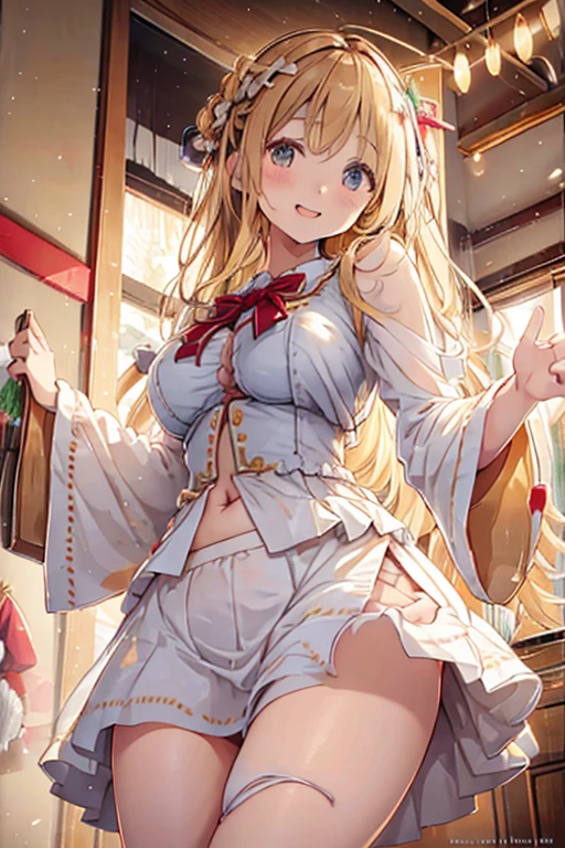 A with wavy blonde hair is standing in a cute Christmas costume, looking down from below, showing off her white panties..legs spread wide。Her breasts are exposed and her skirt is rolled up。The chest is visible and it is viewed from below.。She has a big ribbon in her hair and a shy smile.。Being in Church。