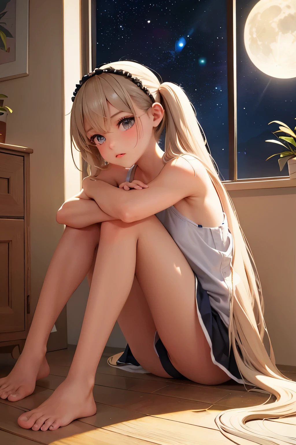 the young girl is seen by the light side of the moon looking sad, 1girl, solo, long hair, blue eyes, sitting, barefoot, looking at viewer, camisole, very long hair, blonde hair, underwear, bare legs, blush, indoors, hairband