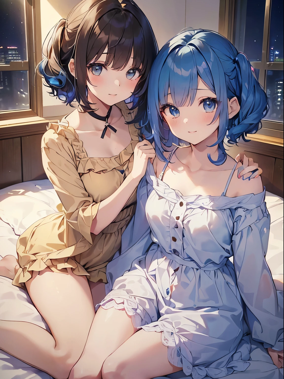 Two girls hugging each other in the bedroom at night、masutepiece, Best Quality, hight resolution, masterpiece、full body Esbian、(Highest quality illustrations:1.2), (Kawaii Girl:1.1), (2girls:1.5, pair:1.5)、 (2girls、One pose、BREAK ,((Has blue hair、Short bob hair、tall)) 、Hugging from behind、(I have dark brown hair、short-hair、Curly hair、Low twintail 、Short stature)、s Pajamas 、(2girl beautiful eyes, Every detail、masterpieceサイドライト、masterpiece、top-quality、detaileds、hight resolutionのイラスト),Delicate Makeup, (a closeup:1.2)、POV、soft focus ground bokeh、Smile, cute little、(top-quality、超detaileds、非常にdetailedsで美しい、超hight resolution、detailedsなアーム:1.2),