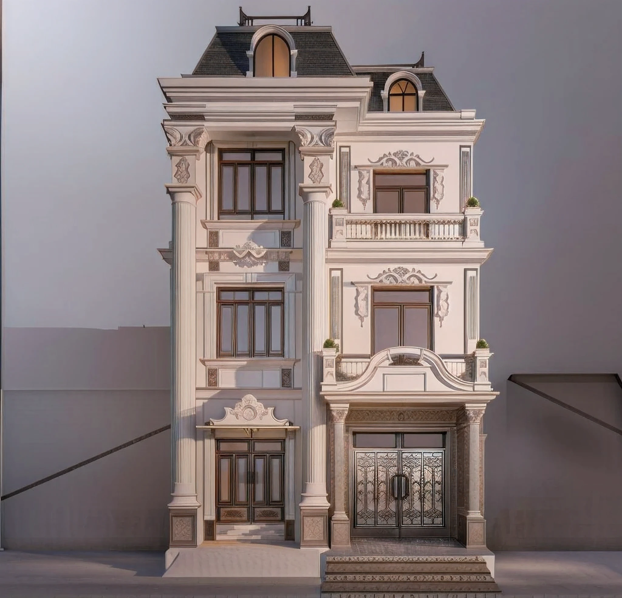 Architectural masterpiece, best quality, 16k image, classic architecture, white painted walls, car parked in front yard, arched door, artistic iron railing, arched door, wall lamp, best quality, detail most detailed, 3d max rendering