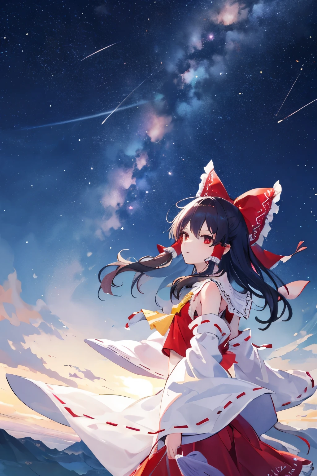 Hakurei Reimu,Touhou project, stars, milky way, sky, windy, looking the sky