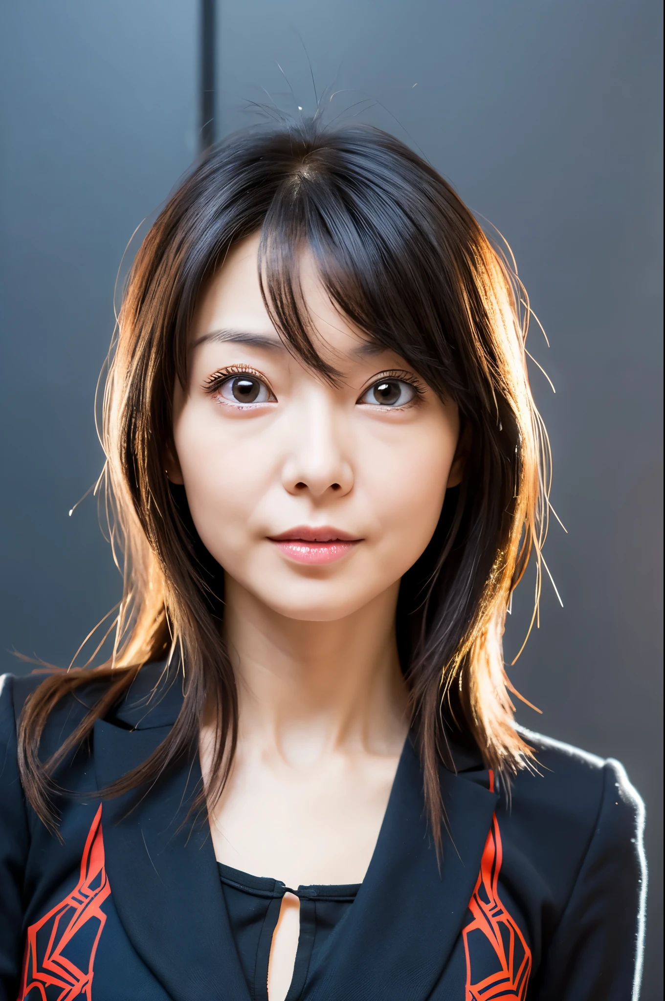 (High reality photograph, high resolusion, detailed face, detailed eyes) Skinny Japanese lady, 40 years old, 1 girl, cute face, various hair style, skinny figure, very small breasts, very thin waist, Spider-man suit, simple background, full-body photo