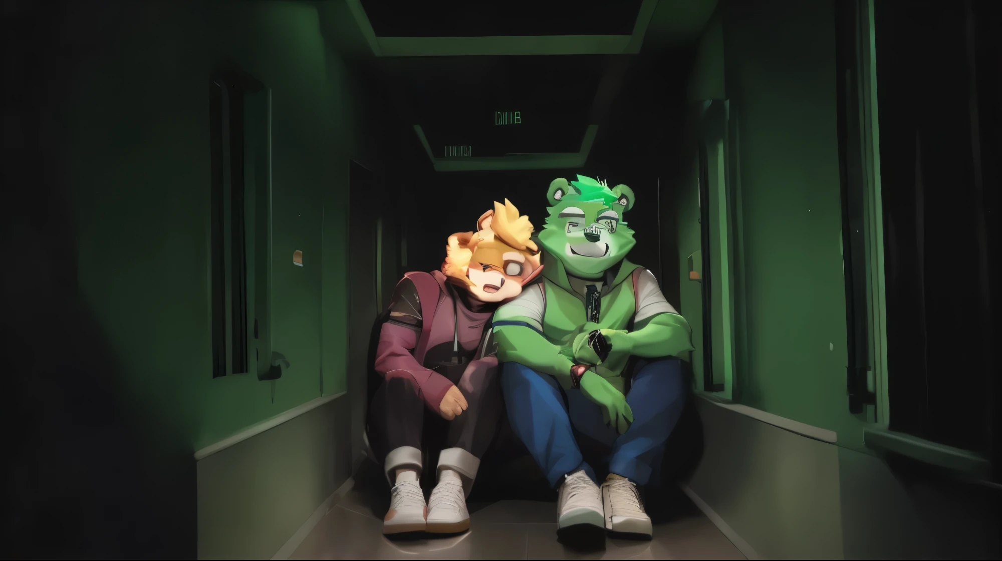 anthro, tiger lay his head on the bear, 2boy, there is a man sitting in a hallway with a mask on, two buddies sitting in a room, jacksepticeye as a muppet, android jones and atey ghailan, still from a music video, taken with sony alpha 9, medium shot of two characters, inspired by Liam Wong, rick and morty in real life, pepe, wearing giant masks