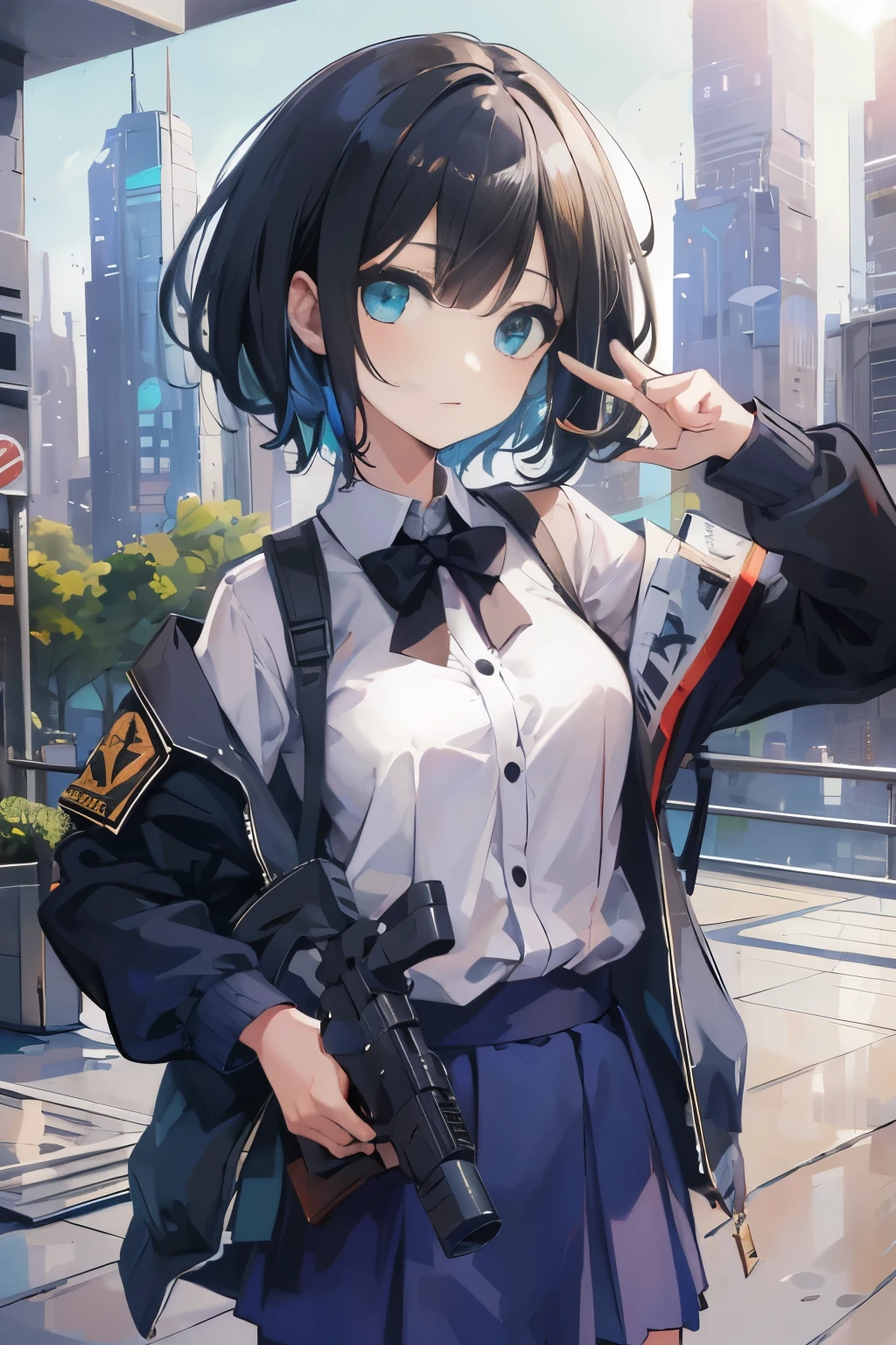 (masutepiece:1.2, Best Quality, Top Quality, Lens Flare, Depth of Field,), (Close Up: 1.3), (Wide Shot, Fisheye: 0.85), Face Focus, [1 girl in, expressioness, (Turquoise eyes:1.3),jet-black hair, Half shorthair,White jacket,Take off your jacket, Blouse with Open Chest, breast, ] , (Holding a Weapon, Holding a pistol, Aiming, Aiming:1.2), gun, firing, city, street, road sign, skyscraper,