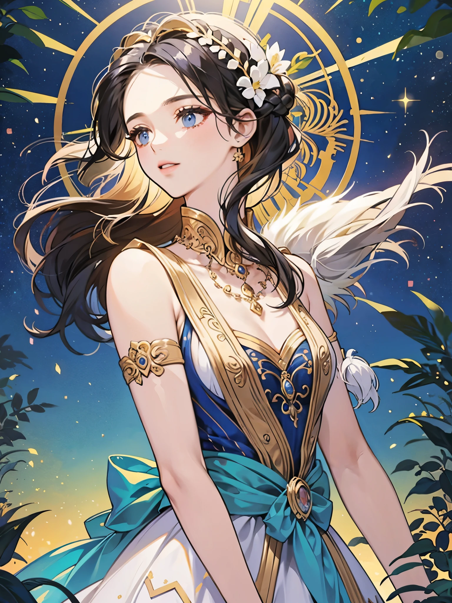 (tmasterpiece, Best quality at best), 1个Giant Breast Girl(atenea_assamese), Lovely dress, cabelos preto e longos, sitted, Beautiful outdoor background, the night, ln the forest