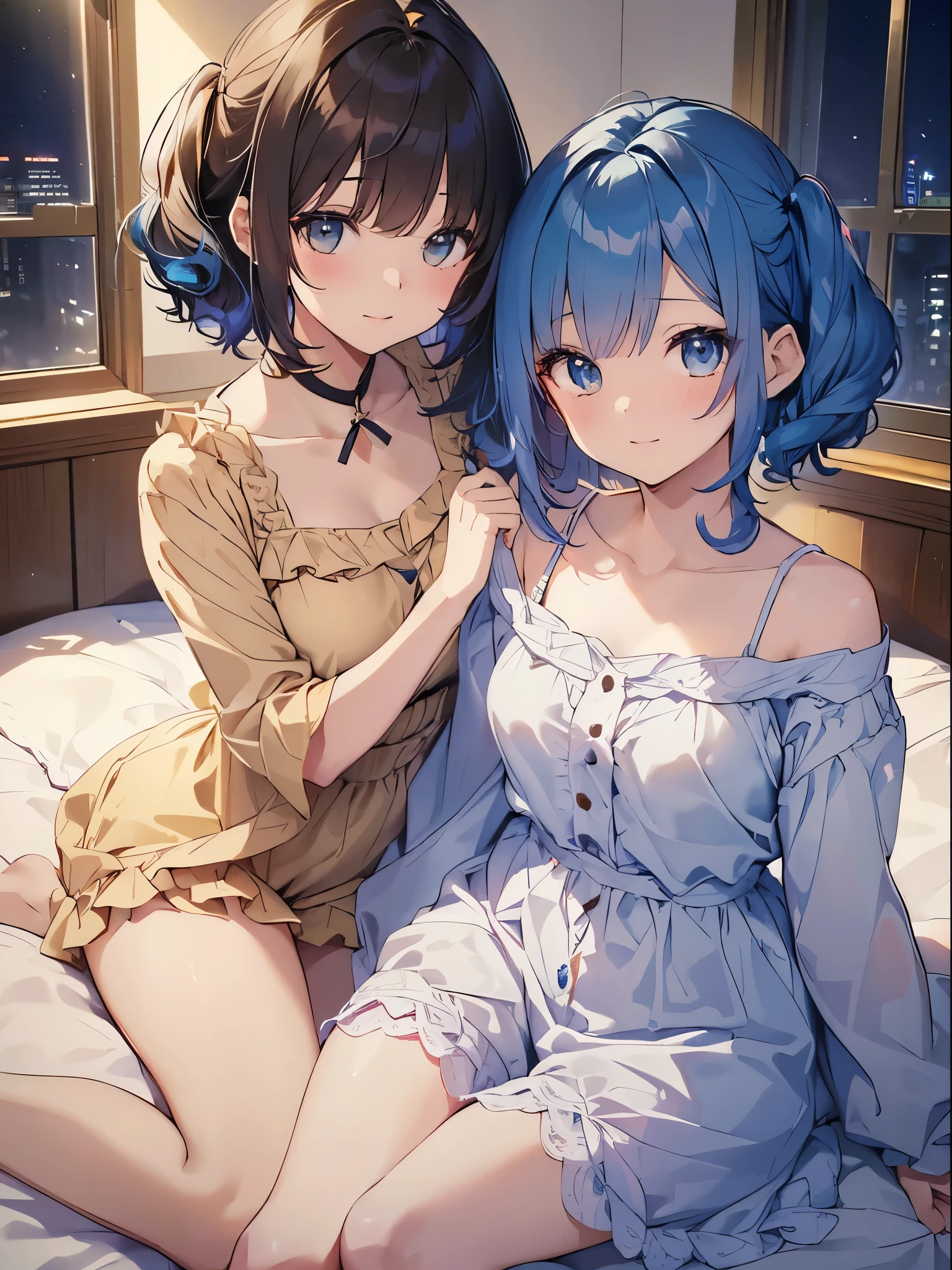 Browsing Caution,Two Girls,Lying down,((Raise both legs)),panties,Have sex,Light blue hair,Light pink hairstyles，Cat ear，Pink Eyes，light blue lolita，White socks，,Pink ribbon,Laughing with your mouth open,Best image quality,Highest quality