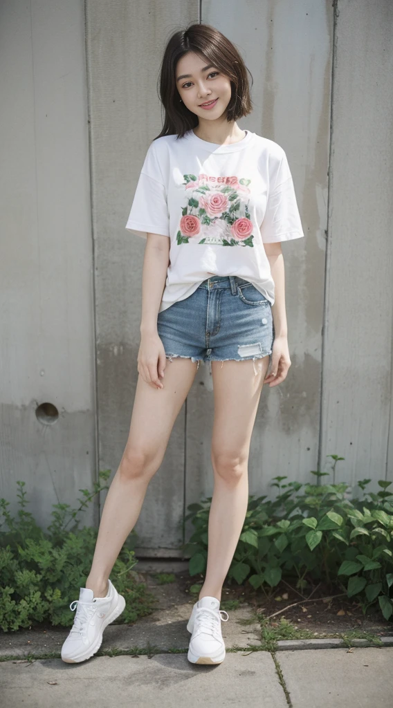 Masterpiece, young beautiful girl, Smiling, Looking at the camera, standing in front of a bunch of roses, wearing shorts and t shirt, White sneakers. Wear top and shorts, Flowers, full body photograph, casual pose, shapely legs