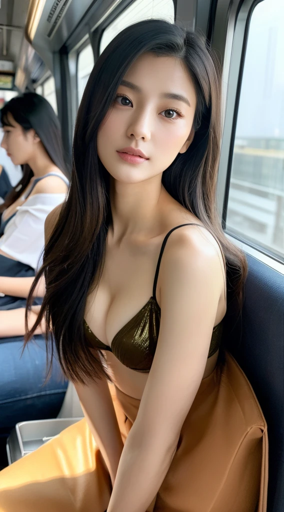 Top image quality、masterpiece、Beautuful Women、japanes、25-years old、Full body、On the train、(masuter piece:1.3)、(in 8K、Photorealsitic、Raw photography、top-quality:1.4)、(girl with)、Beautiful expression、(Lifelike face)、(A dark-haired、Realistic eyes beautiful details、(real looking skin)、aqua blue bra、shiny_Hada、cleavage、absurderes、enticing、ultra res、A hyper-realistic、high detal、the golden ratio、Straight face、long、Loose perm、綺麗なjapanesの女性、(The whole body is reflected、frontage)