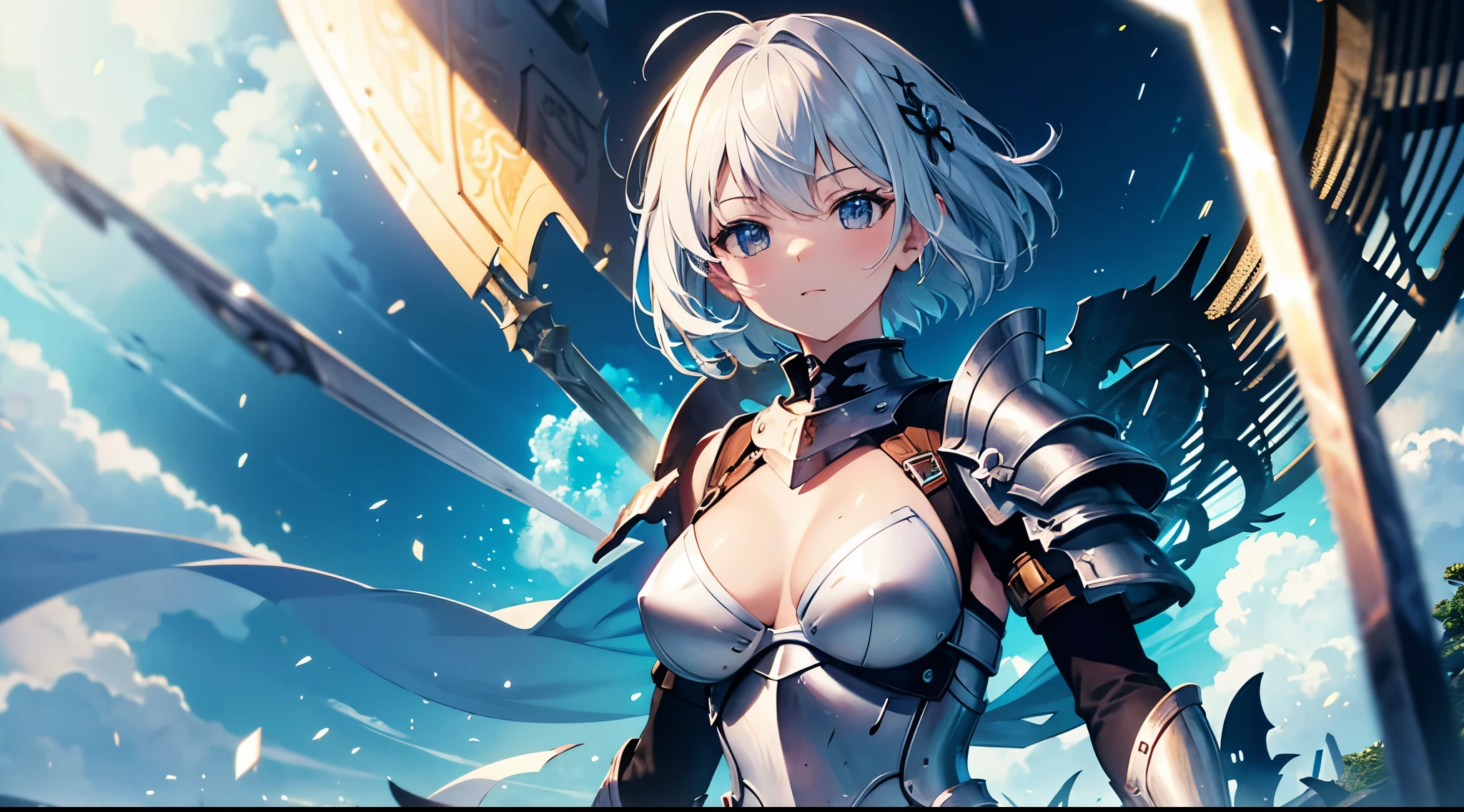 masterpiece, Best quality, watercolor (medium), 1girl, breast, Solitary, short hair, Cleavage, Black and gray hair, Black eyes, earrings, Bangs, jewelry, skirt, Bare shoulders, sleeveless, Hair between the eyes, 单Scapula, looking at the audience, large breast, armor, shoulder armor, sleeveless skirt, Upper Body, Single sleeve, white skirt, Scapula, Devil smile