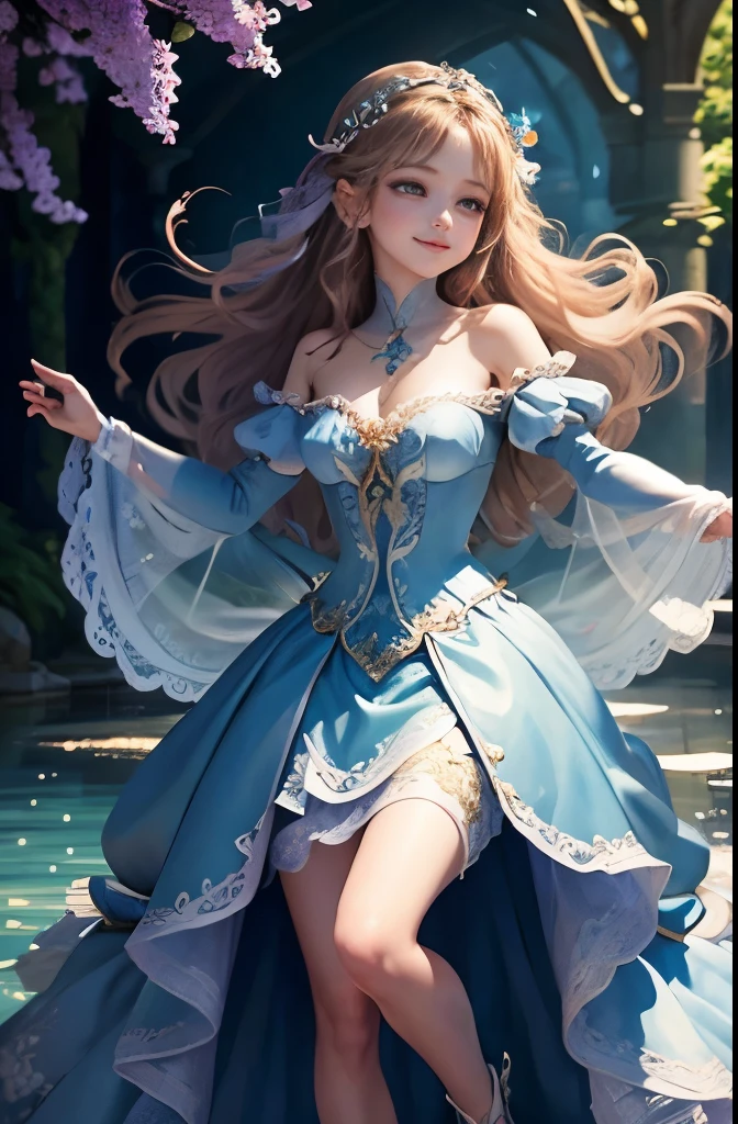 fairy tale masterpiece painting、A beautiful dress made from magical water、A Princess、ultra-detailliert、full-body view、top-quality、adorable smiling、A detailed face、A detailed eye、Poses in motion、reaching out her hand