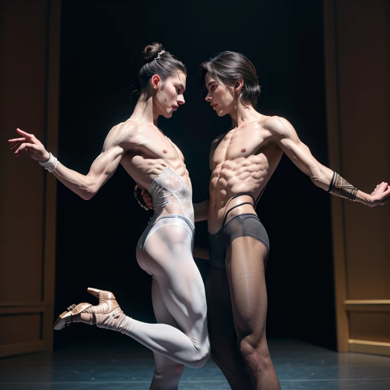 (2 male ballet dancers, nutcracker ballet, prince castrates rat king, male ballet tights, male crotch bulge, buttocks)