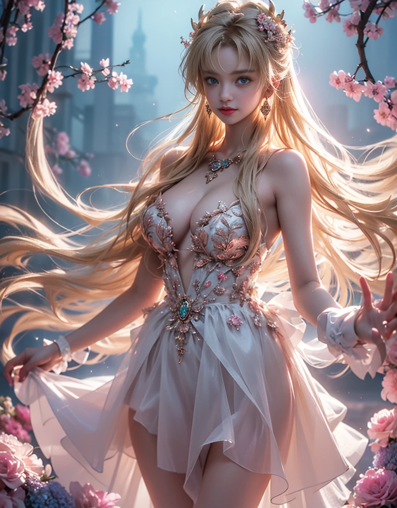tmasterpiece，Highest image quality，super detailing，Best quality ,Extremely Delicately Beautiful, Very meticulous,Best quality, offcial art, extremely detaild的 CG unified 8k wallpapers, portrait photo of an, The most beautiful look，blond hair blue eyes，Radiant skin and radiant eyes:1.1), pretty skin,(Detailed lighting:1.2), (Beautiful and detailed light:1.3), deep understanding, beautiful  color, iintricate, digitial painting, smooth private parts, Focus sharp, The end of the world, Epic reality,looking at the camera in， (HighDynamicRange:1.4),facing at the camera， (pastel colour:1.4), Beautiful big  end of the world的, giving up, com cores neutras, natta, Screen space refraction, (Complicated details, ultra - detailed:1.3), art  stations, Cinema lenses, vignet, the complex background, buliding，Enchanted smile，face flushed，the shy，detailed back ground，（Dream catcher earrings in various colorlack in color，white colors，in pink，purpleish color，red colour，blue colors，orange colors，green color，cyan colors，，），sexy and sultryhe kinky is exposed，Ctoes，Combed throurk and thick hair，），The sexiest look，Peach Milk Tea SmooVelvet Versailles Dress，