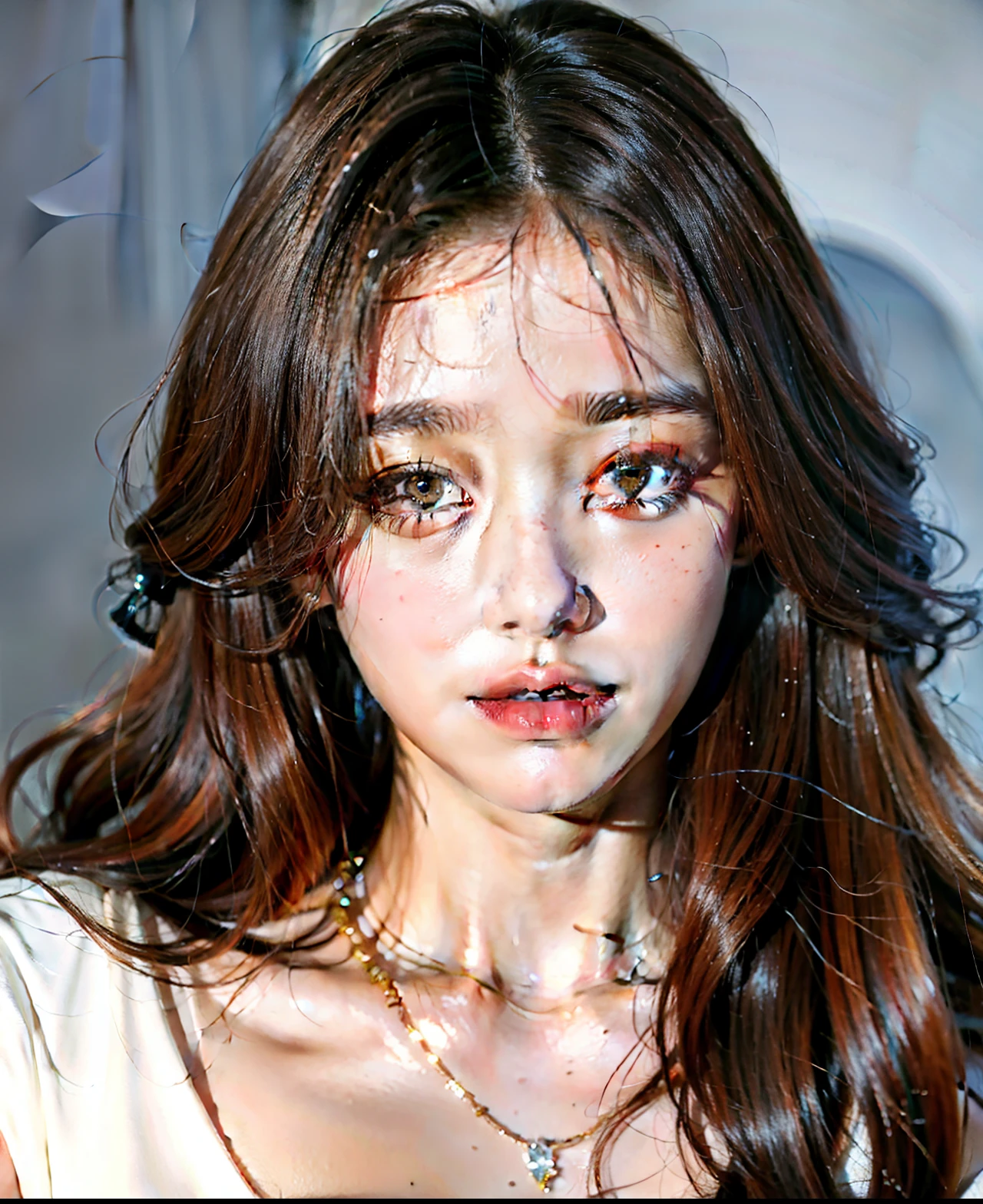 ((highest quality, 8K, Raw photo, masterpiece :1.3)), (realistic、Photoreal:1.37)、Super detailed、ultra high resolution, (professional lighting), alone, 1 female, alone, (30 years old), Japanese, Beautiful and dense face, shining eyes, brown eyes, (Thin：Weight 1.0) , Fine and beautiful skin, skin texture, , hairstyle: medium straight brown hair, girl,alone,Highly detailed beautiful face and eyes,looking at the viewer, (White Clock Top Shirt, Black microskirt, white lace underwear) ,(torture chamber, prison:1.5), bondage, bed,bondage, bound,(outstretched arm:1.3), bound arms, bound legs, bound wrists, breast bondage, (spread your legs,bound thighs:1.5), (liar, behind:1.5),cowboy shot, (anger:0.9),(frown:1.4), (embarrassing,blush:1.3)《《《女の下に男が寝ています》》》