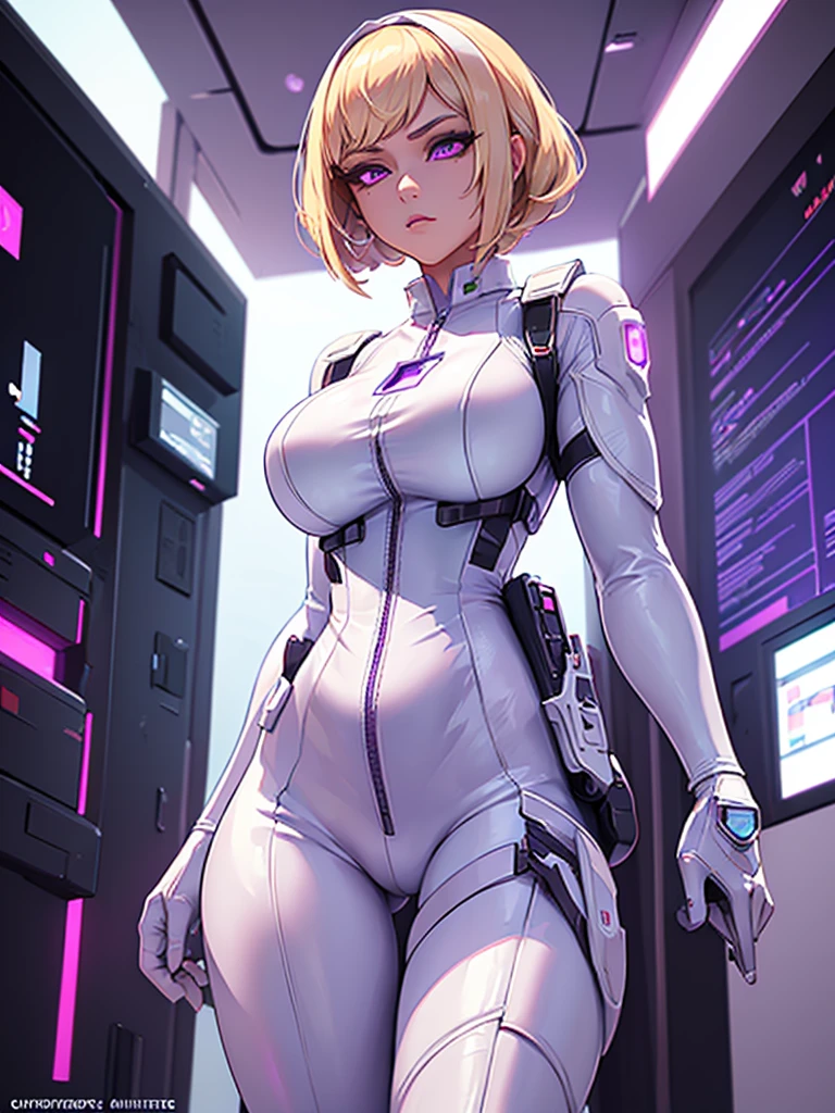 ((Best Quality)), ((Masterpiece)), (Detail: 1.4), Intricate details, Cinematic lighting, Sharp focus, Detailed face, Cyberpunk woman with blonde hair, Cybernetic purple eyes, Glowing eyes, (White business outfit:1.5), Tall woman, (holster:1.4), Futuristic lab,