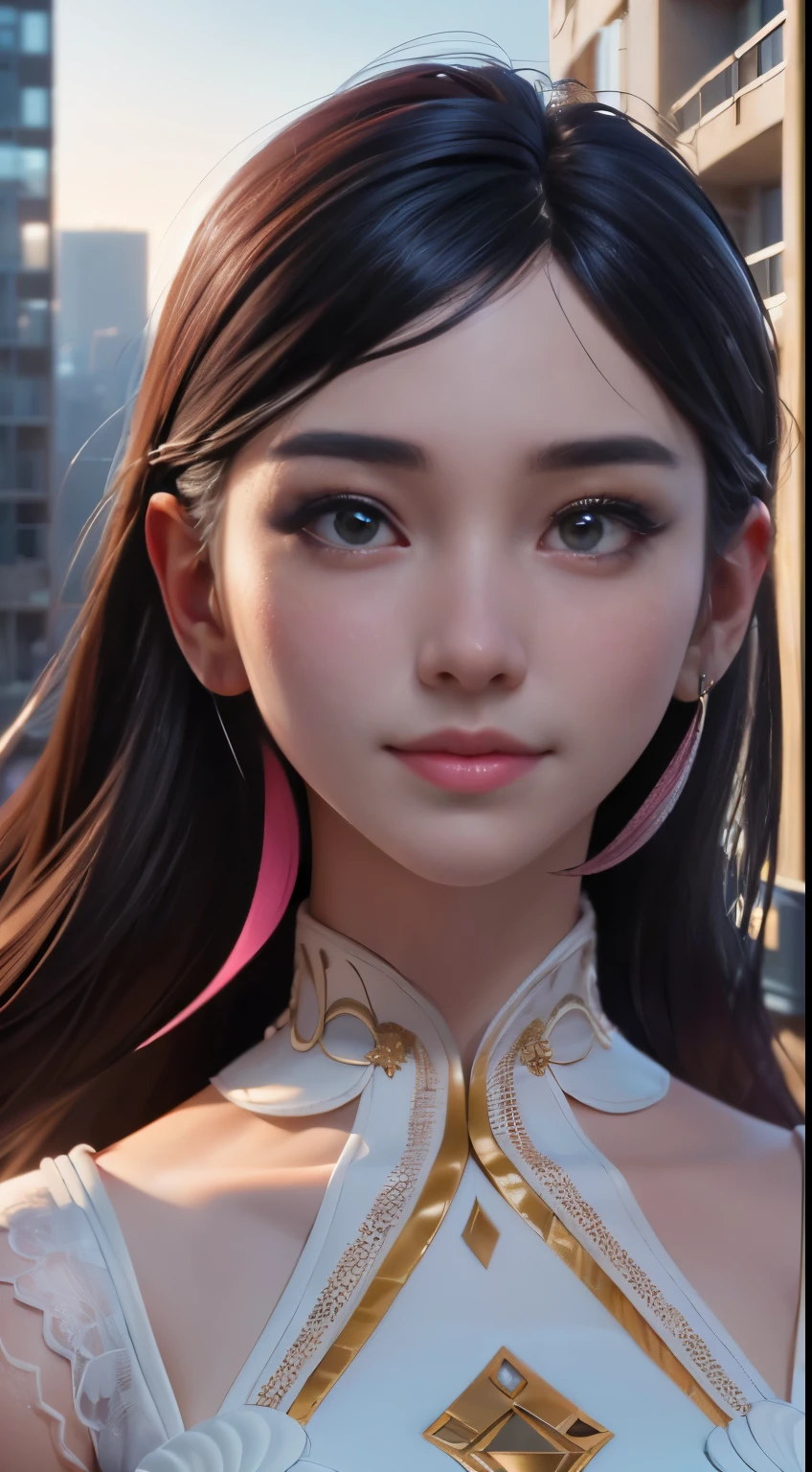 photo of jinnytty, RAW, beautiful woman, ((portrait)), ((detailed face:1.2)), ((detailed facial feature, detailed skin, clear skin), (perfect proportioned body), (wearing a colorful dress) (high detailed city environment, apartment balcony), (realistic photo, best quality, detailed), (8k wallpaper), (cinematic lighting, dramatic lighting) (sharp focus, intricate)