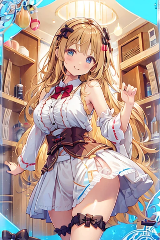A girl with cute wavy blonde hair and a big bow is standing in a camisole and her underwear is visible.。SEX。NFSW。