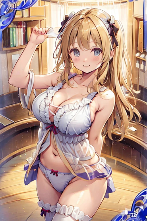 A  girl with cute wavy blonde hair and a big bow is standing in a camisole and her underwear is visible.。SEX。NFSW。