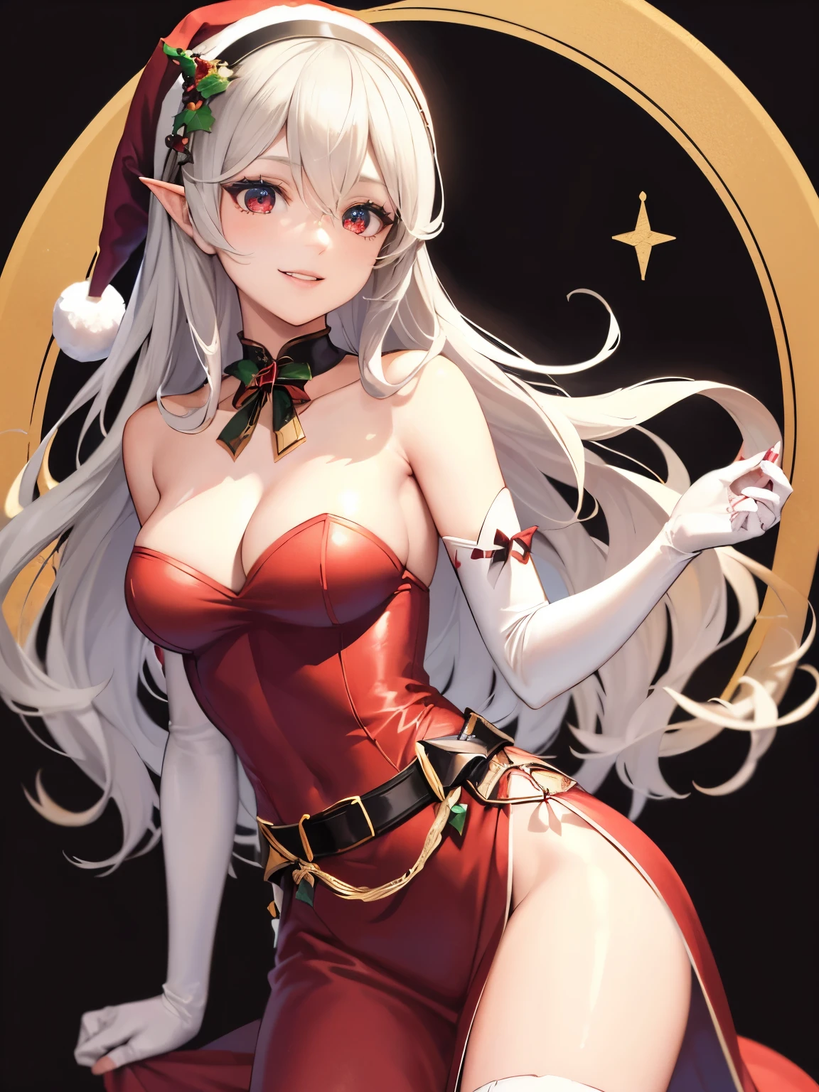 1girl, solo, masterpiece, best quality, high res, highly detailed, (illustration), beautiful detailed eyes, defCorrin, black hairband, long hair, white hair, red eyes ,glossy lips, makeup, smile, long white satin elbow gloves, cowboy shot, (santa), red santa dress, santa hat, strapless dress