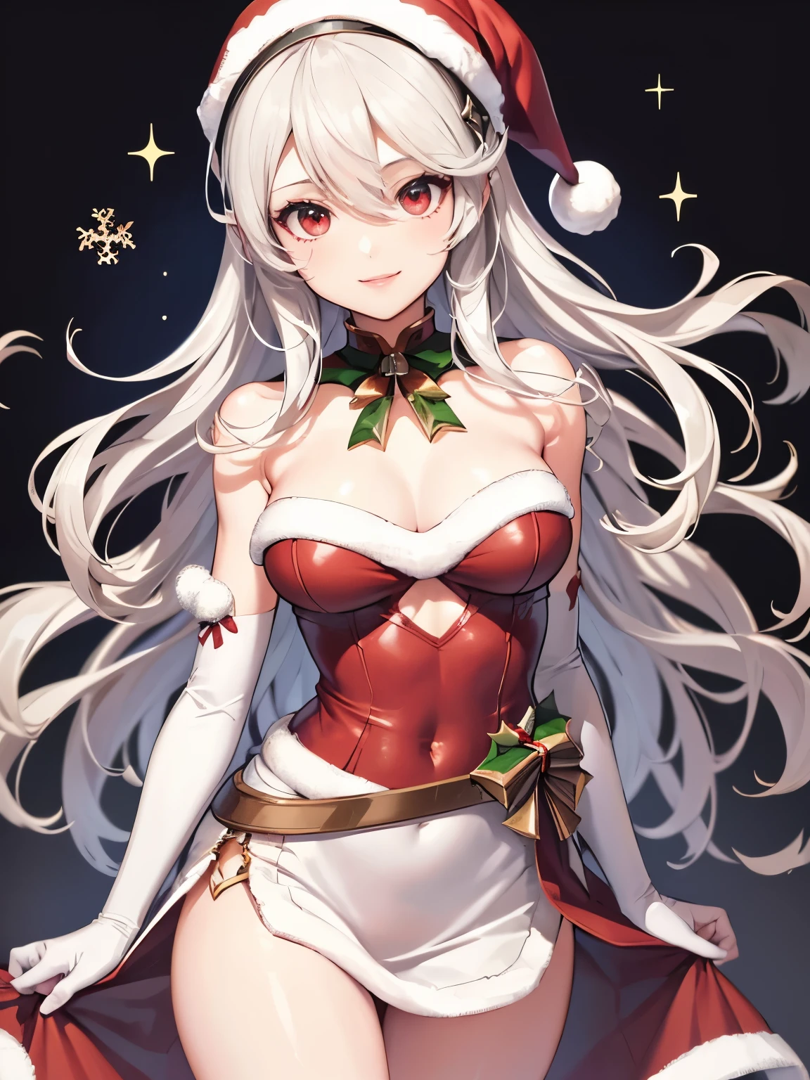 1girl, solo, masterpiece, best quality, high res, highly detailed, (illustration), beautiful detailed eyes, defCorrin, black hairband, long hair, white hair, red eyes ,glossy lips, makeup, smile, long white satin elbow gloves, cowboy shot, (santa), red santa dress, santa hat, strapless dress