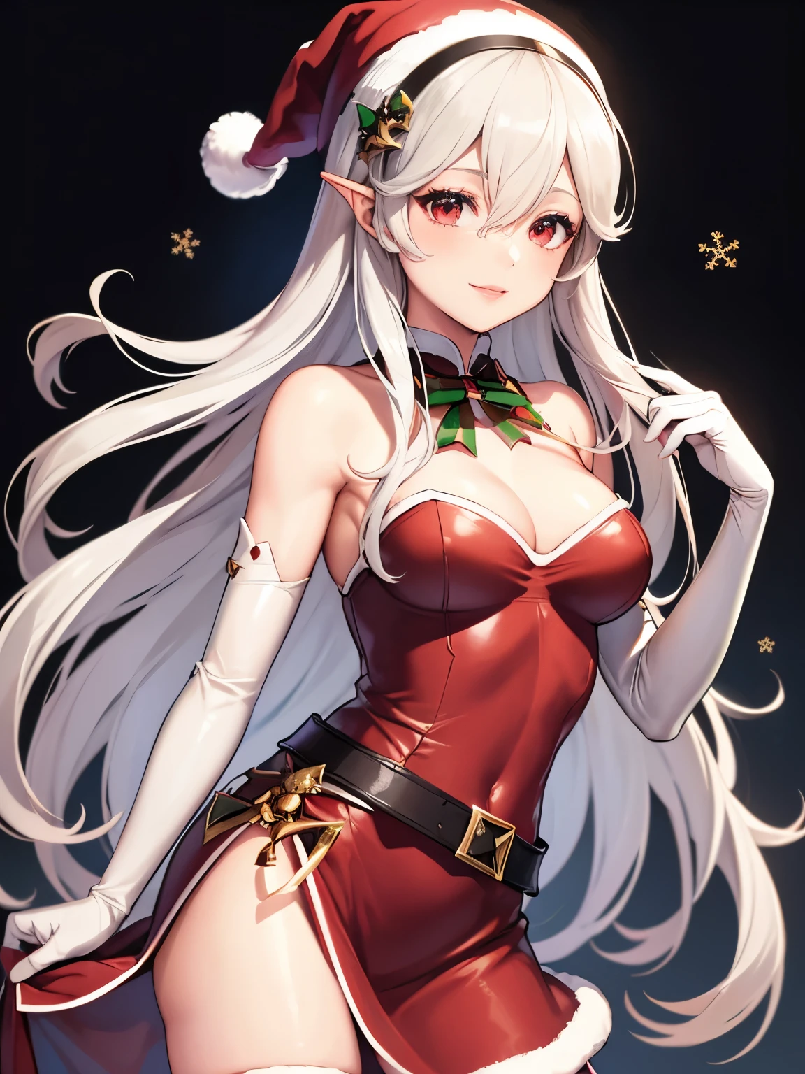1girl, solo, masterpiece, best quality, high res, highly detailed, (illustration), beautiful detailed eyes, defCorrin, black hairband, long hair, white hair, red eyes ,glossy lips, makeup, smile, long white satin elbow gloves, cowboy shot, (santa), red santa dress, santa hat, strapless dress