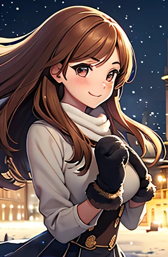 German background, Commemorative photo, A smile,Stylish clothes, The whole body is depicted, 1girl in, Long hair, A smileで, Brown hair, European Travel, Castles, ((masutepiece, Best Quality, hight resolution, nffsw, Perfect Pixel, depth of fields, 4K, nffsw, nffsw)), 1girl in, Single, Solo, 24 years old, Beautiful anime girl, Beautiful Art Style, Anime Character, ((Long hair, Parted bangs, Brown hair)), rounded eyes, Beautiful eyelashes, Realistic eyes), (Detailed face, Blushing:1.2), (Smooth texture:0.75, Realistic texture:0.65, Photorealistic:1.2, Cinematic, Anime CG style), medium breasts, Perfect body, ((Winters clothes, long court, mittens, gloves, skirt by the), Night, City lights, Bokeh:1.4, (plein air, city buildings, Large crowds), ((Winters, snowfall:1.8, The wind blows)), Graceful, top-notch, elegent