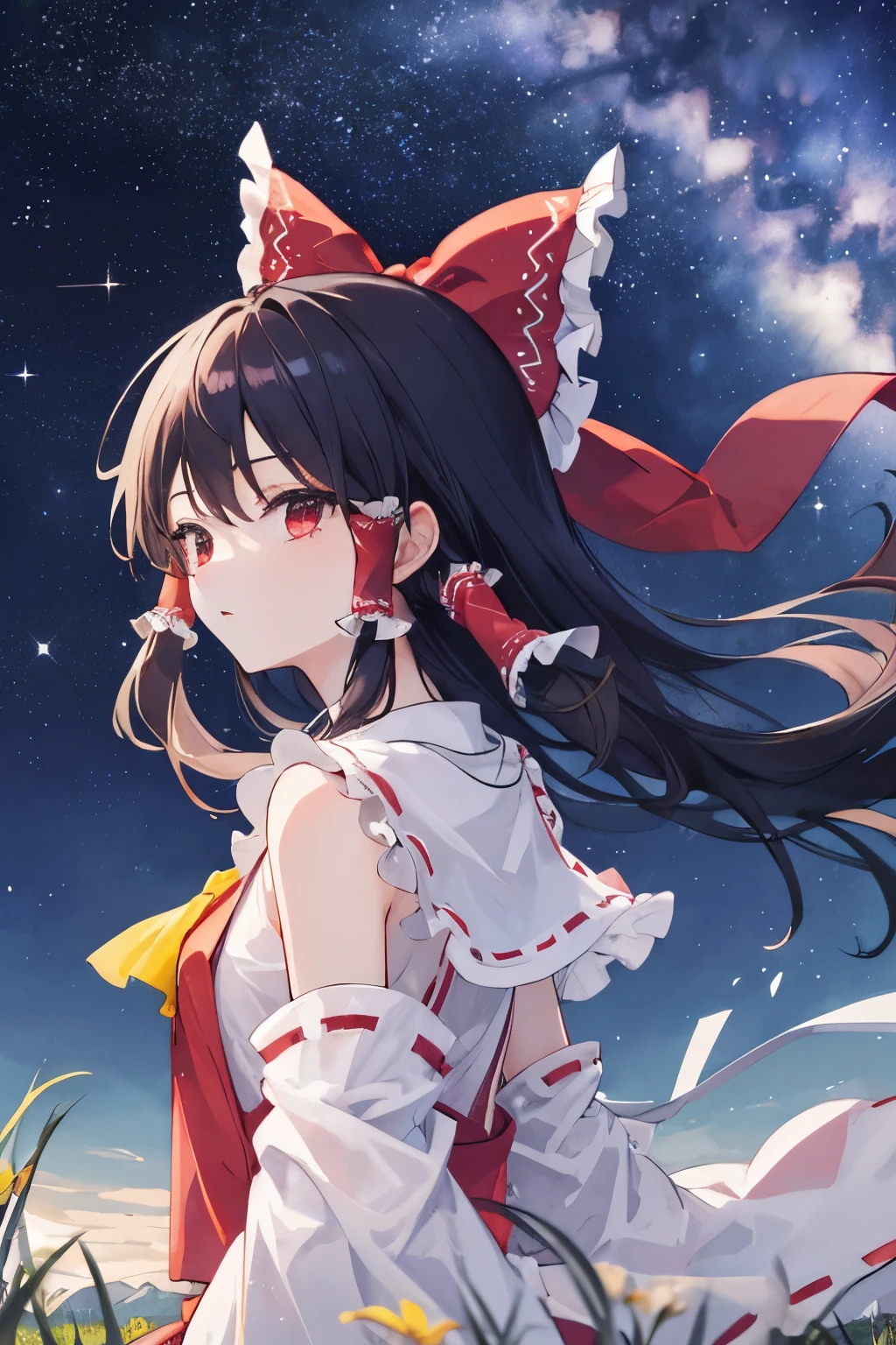 Hakurei Reimu,Touhou project, stars, milky way, sky, very windy, grass, mountain, flowers, upper body, hands back
